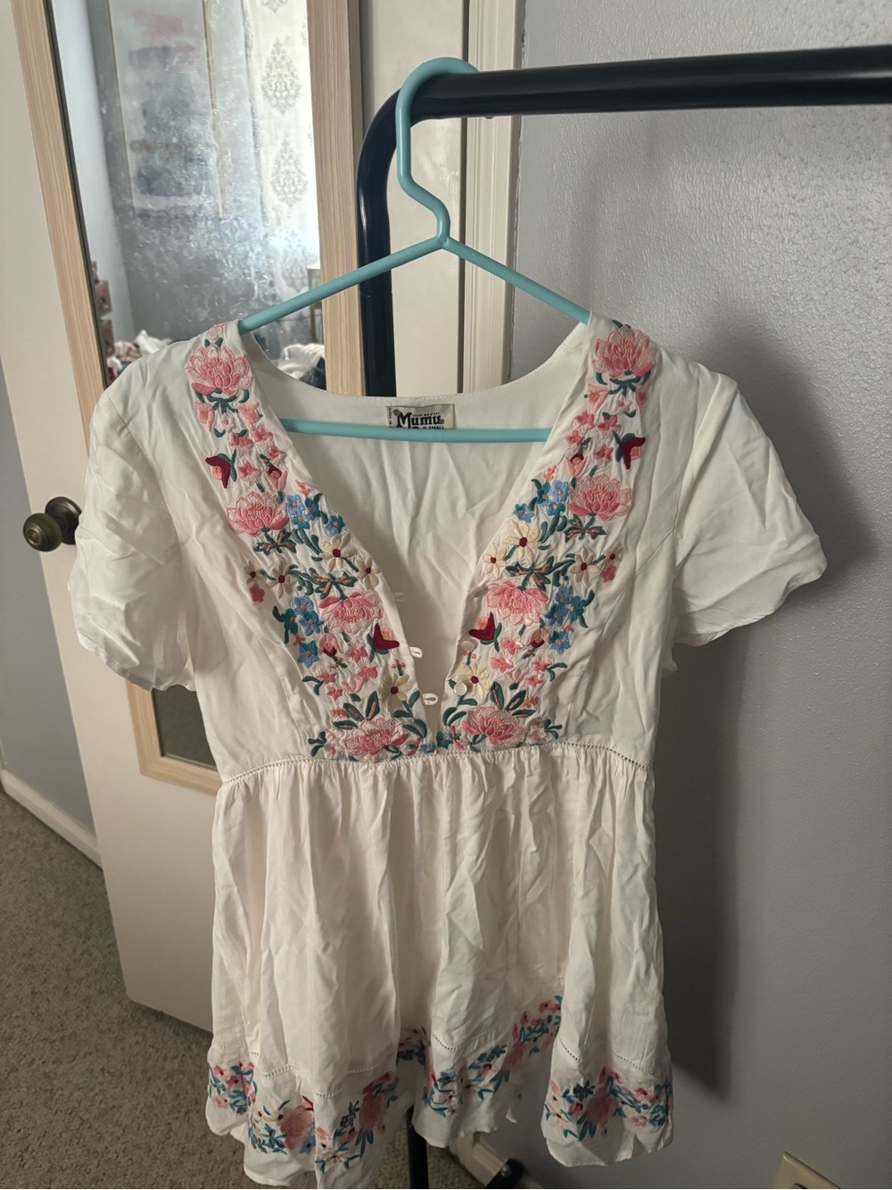 Show Me Your MuMu White Midi Dress with Pink & Blue Floral Embroidery